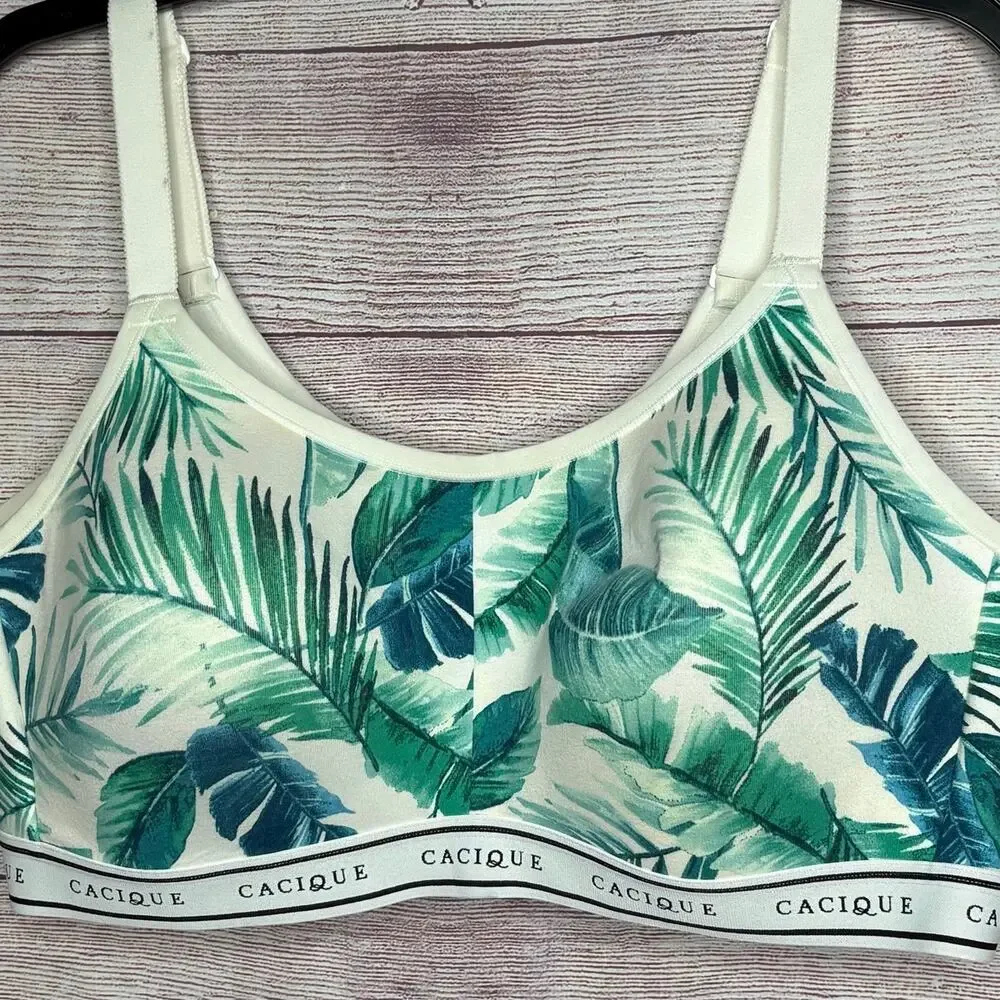 Lane Bryant Cacique Athletic Palm Leaf Tropical Wire Free Soft Cup Bra Size 44B